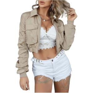 imageSweatyRocks Womens Casual Cropped Jackets Military Safari Zip Up Lightweight Utility Anorak Coat Windbreaker with PocketsKhaki