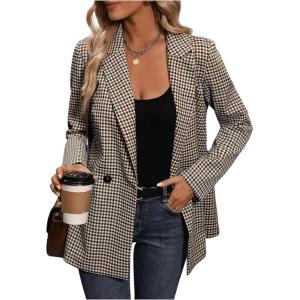 imageSweatyRocks Womens Casual Lapel Blazer Jacket Plaid Double Breasted Gingham Suit CoatApricot