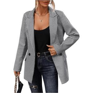 imageSweatyRocks Womens Casual Lapel Blazer Jacket Plaid Double Breasted Gingham Suit CoatBlack and White