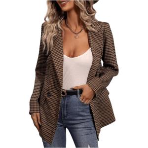 imageSweatyRocks Womens Casual Lapel Blazer Jacket Plaid Double Breasted Gingham Suit CoatCoffee Brown