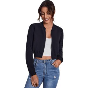imageSweatyRocks Womens Casual Long Sleeve Solid Zip Up Coat Crop Bomber JacketBlack