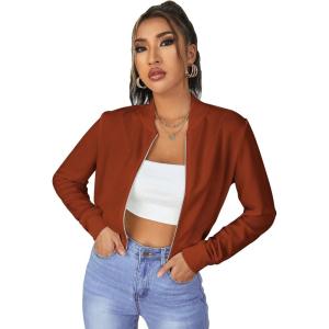imageSweatyRocks Womens Casual Long Sleeve Solid Zip Up Coat Crop Bomber JacketBrown