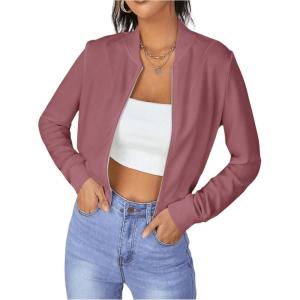 imageSweatyRocks Womens Casual Long Sleeve Solid Zip Up Coat Crop Bomber JacketDusty Pink