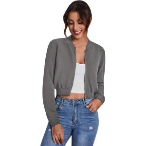 imageSweatyRocks Womens Casual Long Sleeve Solid Zip Up Coat Crop Bomber JacketGrey