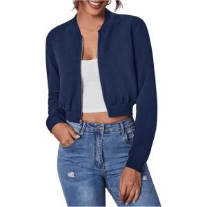 imageSweatyRocks Womens Casual Long Sleeve Solid Zip Up Coat Crop Bomber JacketNavy Blue