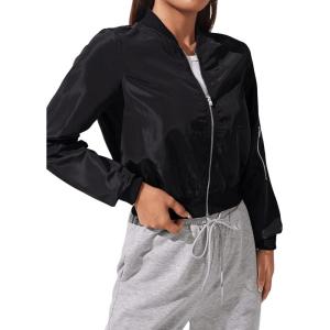 imageSweatyRocks Womens Casual Long Sleeve Solid Zip Up Coat Crop Bomber JacketPure Dark Black