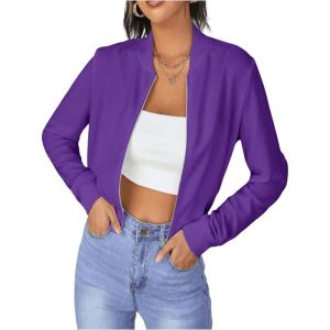 imageSweatyRocks Womens Casual Long Sleeve Solid Zip Up Coat Crop Bomber JacketPurple