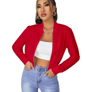 imageSweatyRocks Womens Casual Long Sleeve Solid Zip Up Coat Crop Bomber JacketRed Color