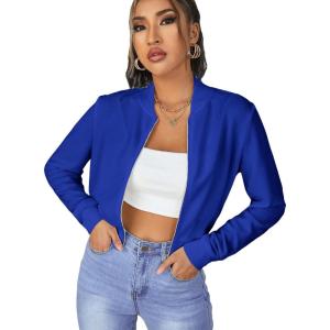 imageSweatyRocks Womens Casual Long Sleeve Solid Zip Up Coat Crop Bomber JacketRoyal Blue