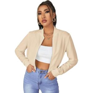 imageSweatyRocks Womens Casual Long Sleeve Solid Zip Up Coat Crop Bomber JacketSolid Apricot