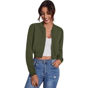 imageSweatyRocks Womens Casual Long Sleeve Solid Zip Up Coat Crop Bomber JacketSolid Army Green
