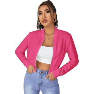 imageSweatyRocks Womens Casual Long Sleeve Solid Zip Up Coat Crop Bomber JacketSolid Hot Pink
