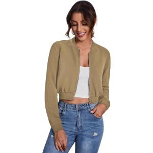 imageSweatyRocks Womens Casual Long Sleeve Solid Zip Up Coat Crop Bomber JacketSolid Khaki