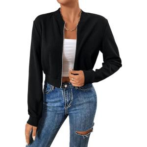 imageSweatyRocks Womens Casual Long Sleeve Solid Zip Up Coat Crop Bomber JacketSolid Plain Black