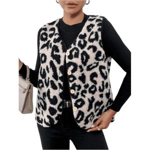 imageSweatyRocks Womens Casual V Neck Vest Top Button Down Sleeveless Leopard Print Jackets Work Office WaistcoatOffwhite and Black