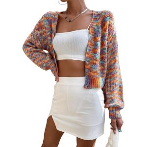 imageSweatyRocks Womens Color Block Long Sleeve Open Front Cardigan Sweater Knit Crop TopMulticoloured