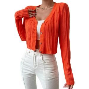 imageSweatyRocks Womens Color Block Long Sleeve Open Front Cardigan Sweater Knit Crop TopOrange