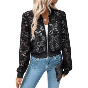 imageSweatyRocks Womens Crop Jackets Sheer Mesh Floral Lace Zip Up Bomber JacketBlack