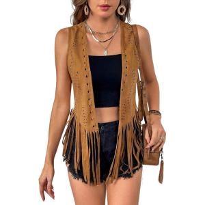 imageSweatyRocks Womens Fringe Open Front Vest Hollow Out Sleeveless Western Vest Tassel JacketsSolid Brown