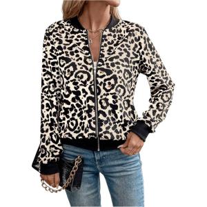 imageSweatyRocks Womens Leopard Print Jacket Zip Up Long Sleeve Bomber Jackets OutwearBeige