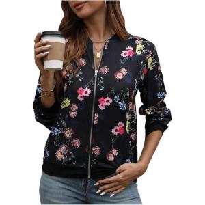 imageSweatyRocks Womens Leopard Print Jacket Zip Up Long Sleeve Bomber Jackets OutwearFloral Multicolor