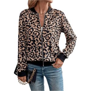 imageSweatyRocks Womens Leopard Print Jacket Zip Up Long Sleeve Bomber Jackets OutwearMulticolor