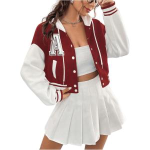 imageSweatyRocks Womens Letter Print Hooded Bomber Jacket Color Block Long Sleeve Cropped Baseball Jacket OuterwearRed