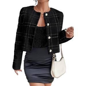imageSweatyRocks Womens Plaid Long Sleeve Round Neck Button Down Crop Jacket Single Breasted Short Coat TopBlack