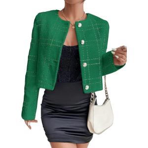 imageSweatyRocks Womens Plaid Long Sleeve Round Neck Button Down Crop Jacket Single Breasted Short Coat TopGreen