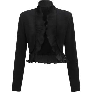imageSweatyRocks Womens Ruffle Open Front Jacket Stand Collar Long Sleeve Crop Tops OutwearBlack