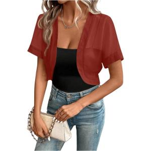 imageSweatyRocks Womens Shrug Open Front Mesh Lightweight Outwear Cropped Bolero Short Sleeve Sheer CardiganRed