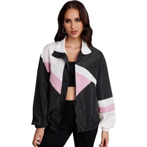 imageSweatyRocks Womens Zip Up Color Block Lightweight Jacket Patchwork Sport Windbreaker Jacket Coat OuterwearBlack Cream