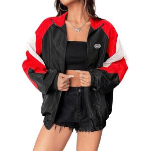 imageSweatyRocks Womens Zip Up Color Block Lightweight Jacket Patchwork Sport Windbreaker Jacket Coat OuterwearBlack Red White