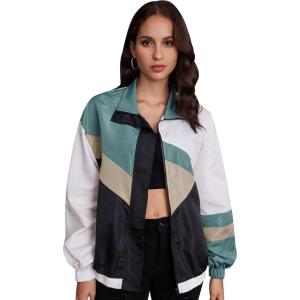 imageSweatyRocks Womens Zip Up Color Block Lightweight Jacket Patchwork Sport Windbreaker Jacket Coat OuterwearCream Blue Beige