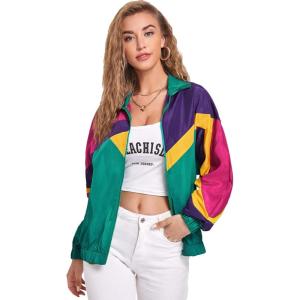 imageSweatyRocks Womens Zip Up Color Block Lightweight Jacket Patchwork Sport Windbreaker Jacket Coat OuterwearGreen and Pink