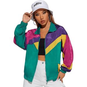 imageSweatyRocks Womens Zip Up Color Block Lightweight Jacket Patchwork Sport Windbreaker Jacket Coat OuterwearPink Green