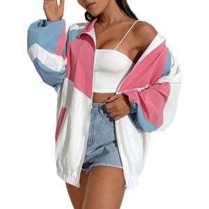 imageSweatyRocks Womens Zip Up Color Block Lightweight Jacket Patchwork Sport Windbreaker Jacket Coat OuterwearWhite Blue Pink