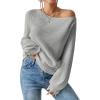 imageSweatyRocks Womens Casual Lantern Long Sleeve Sweaters Crew Neck Ribbed Knitted Pullover TopsLight Grey