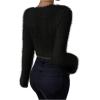 imageSweatyRocks Womens Fuzzy Fleece Long Sleeve V Neck Crop Sweater Casual Plain Slim Fit Warm Knitwear Sweater TopsBlack