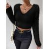 imageSweatyRocks Womens Fuzzy Fleece Long Sleeve V Neck Crop Sweater Casual Plain Slim Fit Warm Knitwear Sweater TopsBlack