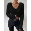 imageSweatyRocks Womens Fuzzy Fleece Long Sleeve V Neck Crop Sweater Casual Plain Slim Fit Warm Knitwear Sweater TopsBlack