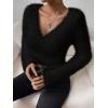 imageSweatyRocks Womens Fuzzy Fleece Long Sleeve V Neck Crop Sweater Casual Plain Slim Fit Warm Knitwear Sweater TopsBlack