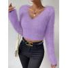 imageSweatyRocks Womens Fuzzy Fleece Long Sleeve V Neck Crop Sweater Casual Plain Slim Fit Warm Knitwear Sweater TopsPurple