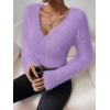 imageSweatyRocks Womens Fuzzy Fleece Long Sleeve V Neck Crop Sweater Casual Plain Slim Fit Warm Knitwear Sweater TopsPurple