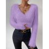 imageSweatyRocks Womens Fuzzy Fleece Long Sleeve V Neck Crop Sweater Casual Plain Slim Fit Warm Knitwear Sweater TopsPurple