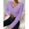 imageSweatyRocks Womens Fuzzy Fleece Long Sleeve V Neck Crop Sweater Casual Plain Slim Fit Warm Knitwear Sweater TopsPurple