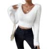 imageSweatyRocks Womens Fuzzy Fleece Long Sleeve V Neck Crop Sweater Casual Plain Slim Fit Warm Knitwear Sweater TopsWhite
