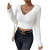 imageSweatyRocks Womens Fuzzy Fleece Long Sleeve V Neck Crop Sweater Casual Plain Slim Fit Warm Knitwear Sweater TopsWhite