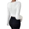 imageSweatyRocks Womens Fuzzy Fleece Long Sleeve V Neck Crop Sweater Casual Plain Slim Fit Warm Knitwear Sweater TopsWhite