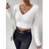 imageSweatyRocks Womens Fuzzy Fleece Long Sleeve V Neck Crop Sweater Casual Plain Slim Fit Warm Knitwear Sweater TopsWhite